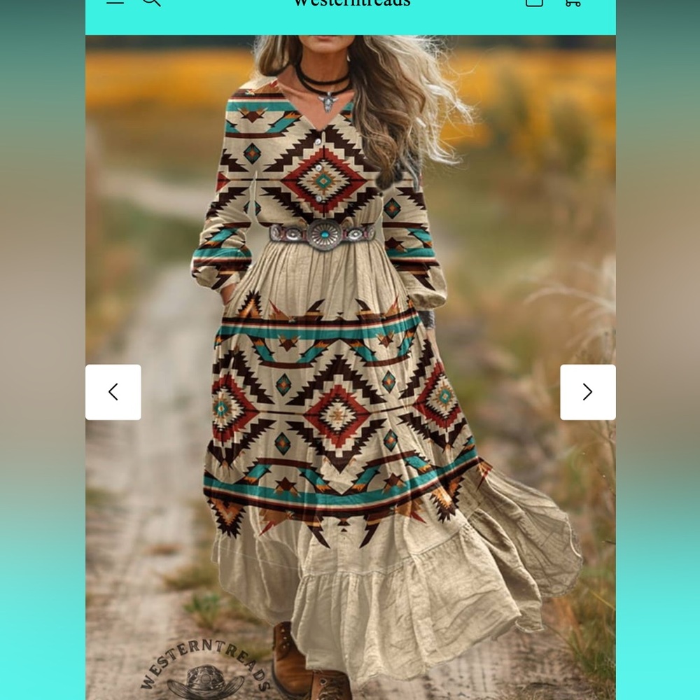 Aztec Print Maxi Dress - Cream and Brown